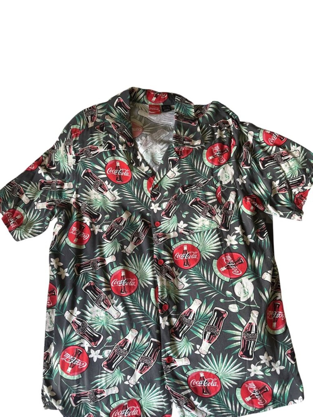 Coca-Cola Hawaiian Button-Up Shirt Tropical Print Black Red Green Large - Picture 3 of 5